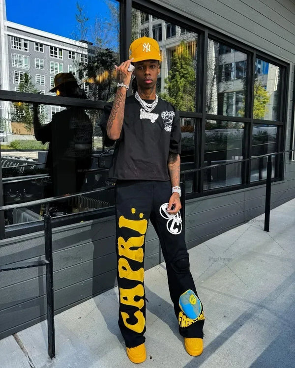 european and american new embroidered oversized trousers men y2k trendy hip hop knitted pants loose casual wide leg pants women menswear bottoms