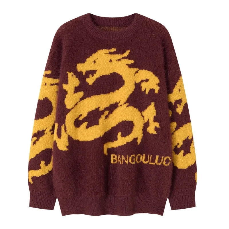 hip hop knitted sweater men winter o neck anime chinese dragon pattern pullover streetwear casual loose sweater jumper knitwear high quality cotton pullover, unique limited edition hoodie, oversized graphic print design