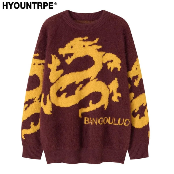 hip hop knitted sweater men winter o neck anime chinese dragon pattern pullover streetwear casual loose sweater jumper knitwear high quality cotton pullover, unique limited edition hoodie, oversized graphic print design
