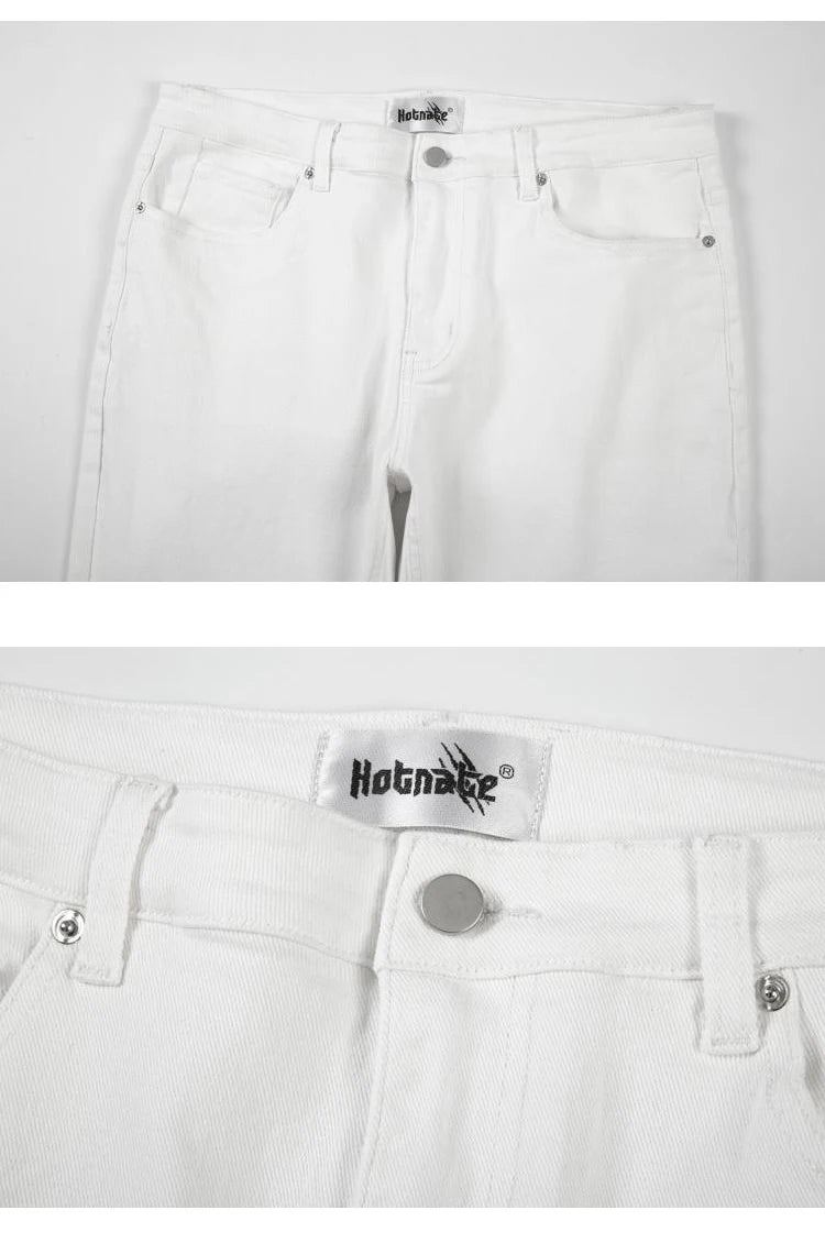 high street white knee pleated vertical stripe elastic fit skinny jeans male casual small leg jeans pants slim mens clothing unique jeans style 3686