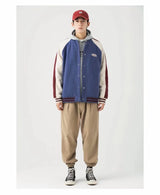 checkered varsity coat, layered streetwear look, trendy