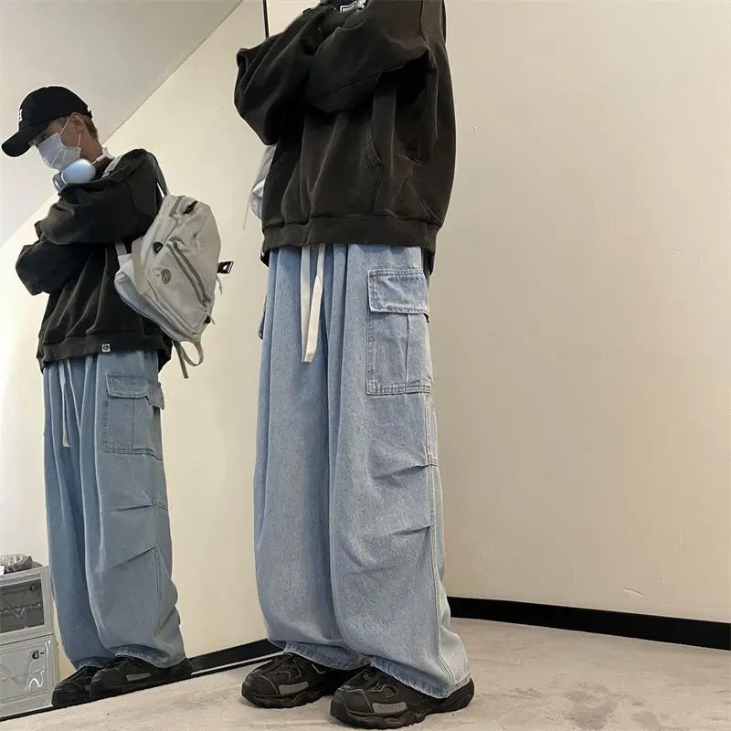 spring and autumn high street men and women trendy american washed straight leg jeans couple american loose retro casual pants ripped baggy denim