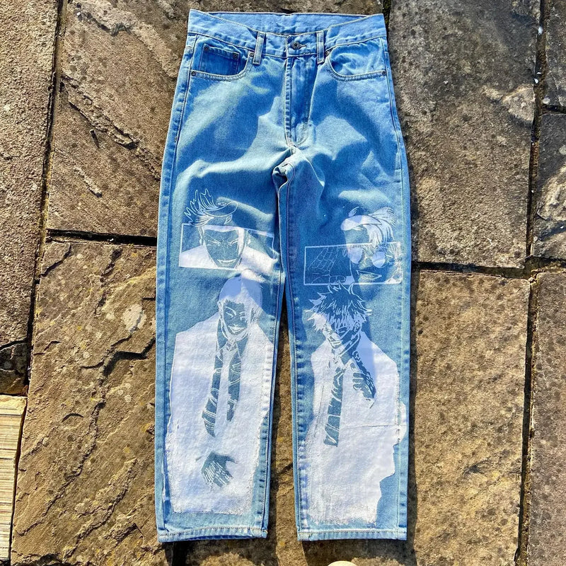 harajuku popular anime kokushibo print baggy jeans new style wide leg trouser y2k streetwear for men women high waist pants unique jeans style 4322
