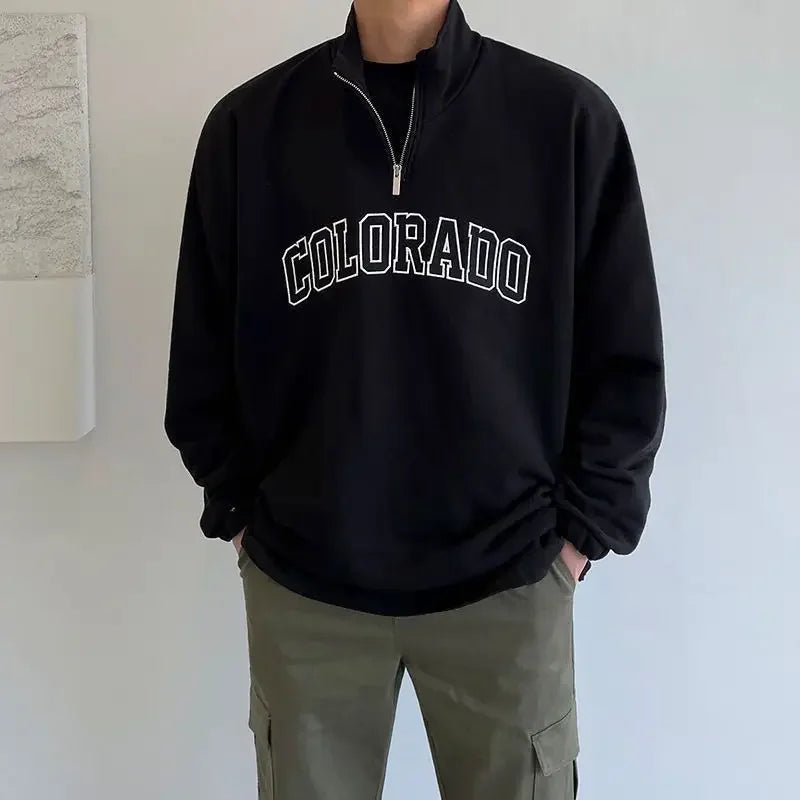 Autumn And Winter Half Turtleneck Half Zipper Sweatshirt Men Letter Pr