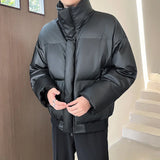 Winter Stand Collar Thicken Leather Short Jacket Men Fashion Loose Casual Warm Cotton-padded PU Leather Bomber Jacket Parka Coat