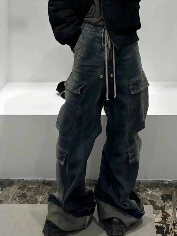 fashion denim baggy cargo jean pants men hip hop elastic waist wide legs retro washed jeans side pocket streetwear jeans joggers sporty tapered joggers