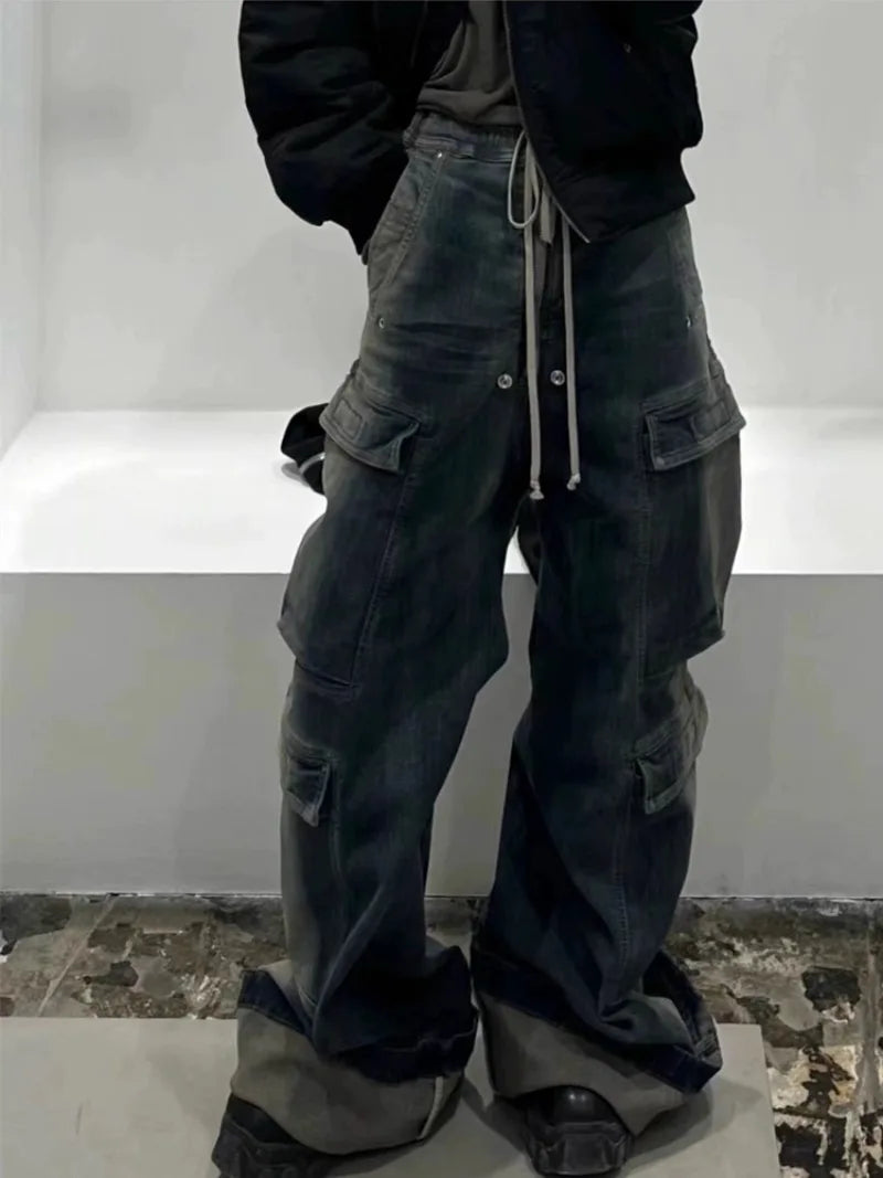 fashion denim baggy cargo jean pants men hip hop elastic waist wide legs retro washed jeans side pocket streetwear jeans joggers sporty tapered joggers