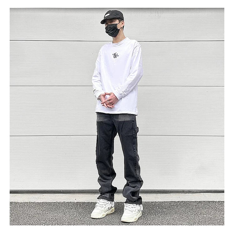 patchwork design denim flare jeans pants men casual zipper straight biker trousers jeans fashion streetwear hip hop jean joggers unique joggers style 2592