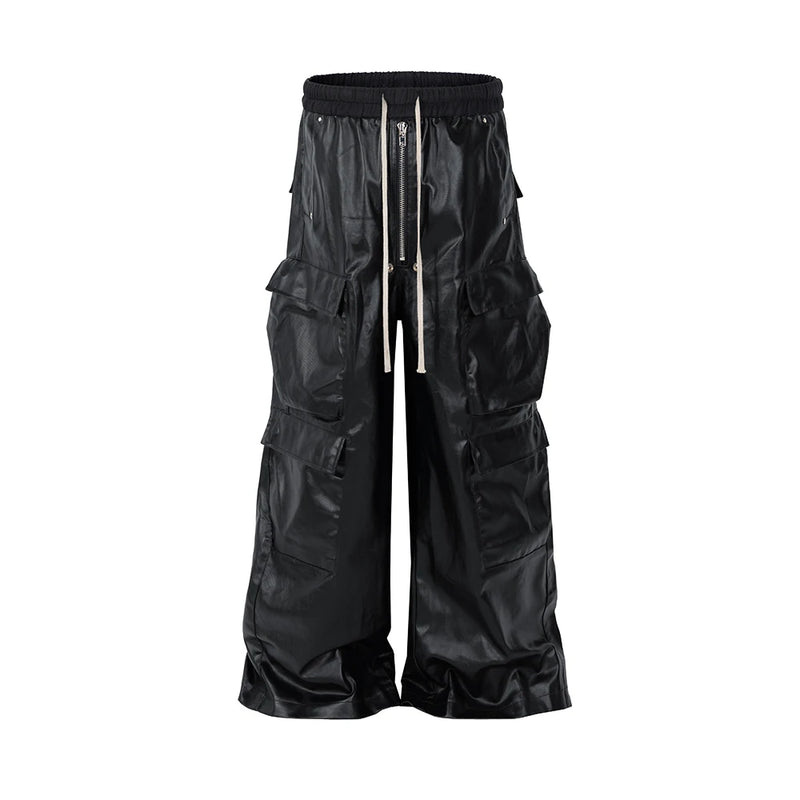 ro style matte pu leather pants for men high street y2k pantalones hombre baggy overall wide leg drawstring cargo pants military streetwear pants