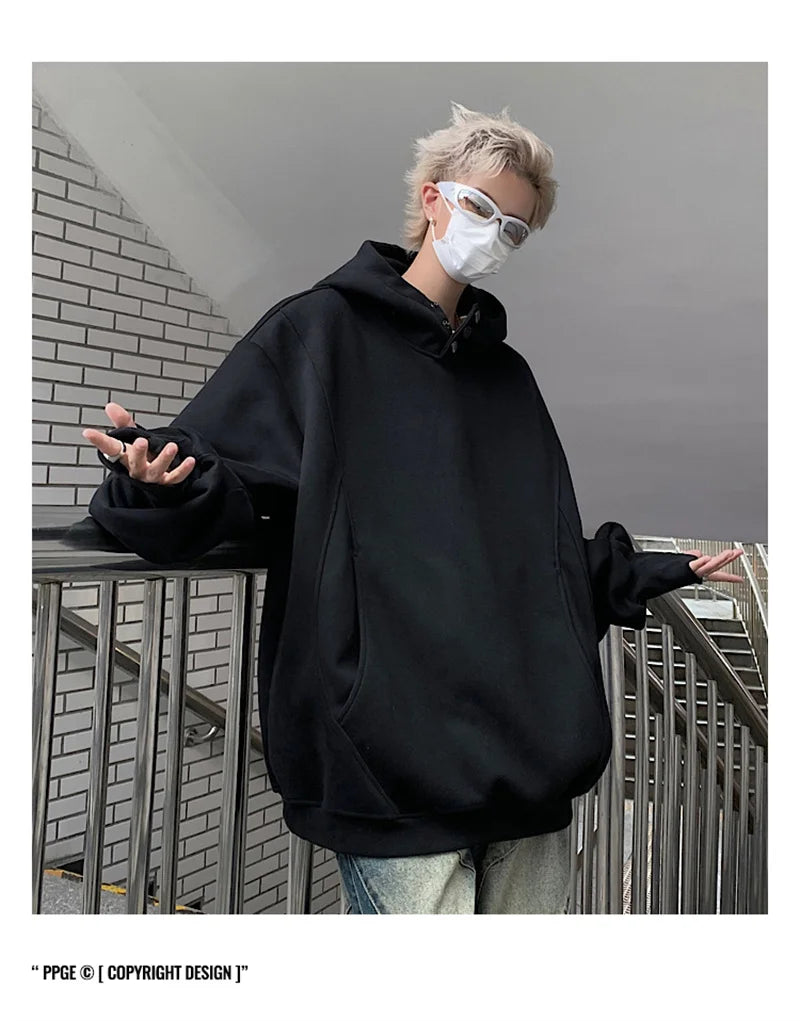 New Retro Button Neck Hooded Sweatshirts For Men Autumn Fleece Y2K Vintage Hoodies Hip Hop Fashion Streetwear Pullover Hoodie