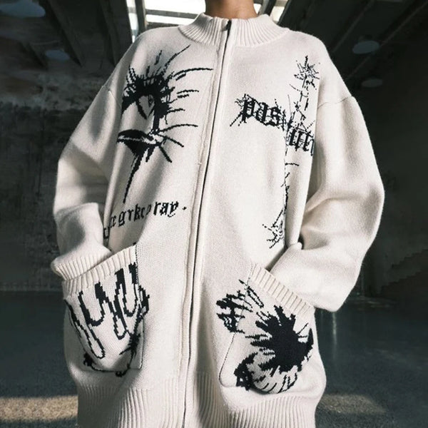 bold graphic pullover, layered streetwear look, soft knit pullover with flame design, y2k fashion statement