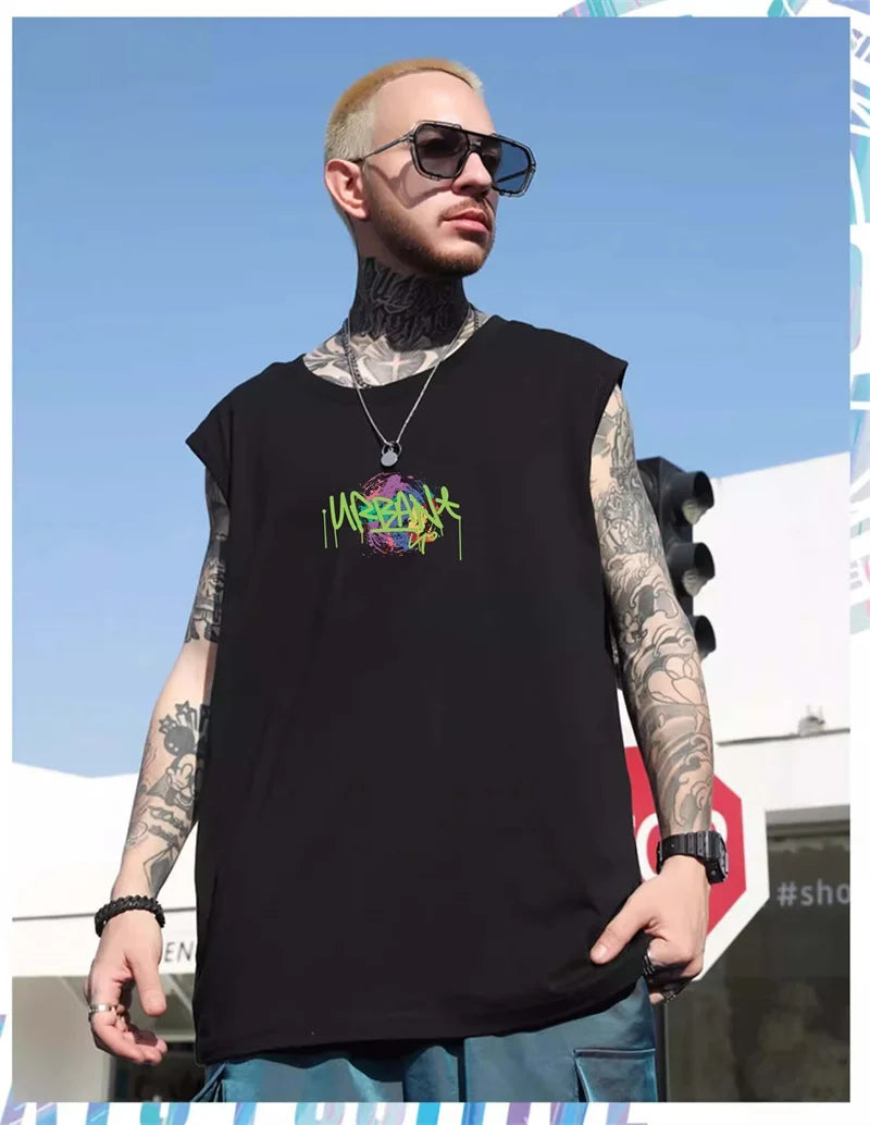 Sadcore Tribal flames – Summer Sleeveless T Shirt Mens American High Street Graffiti
