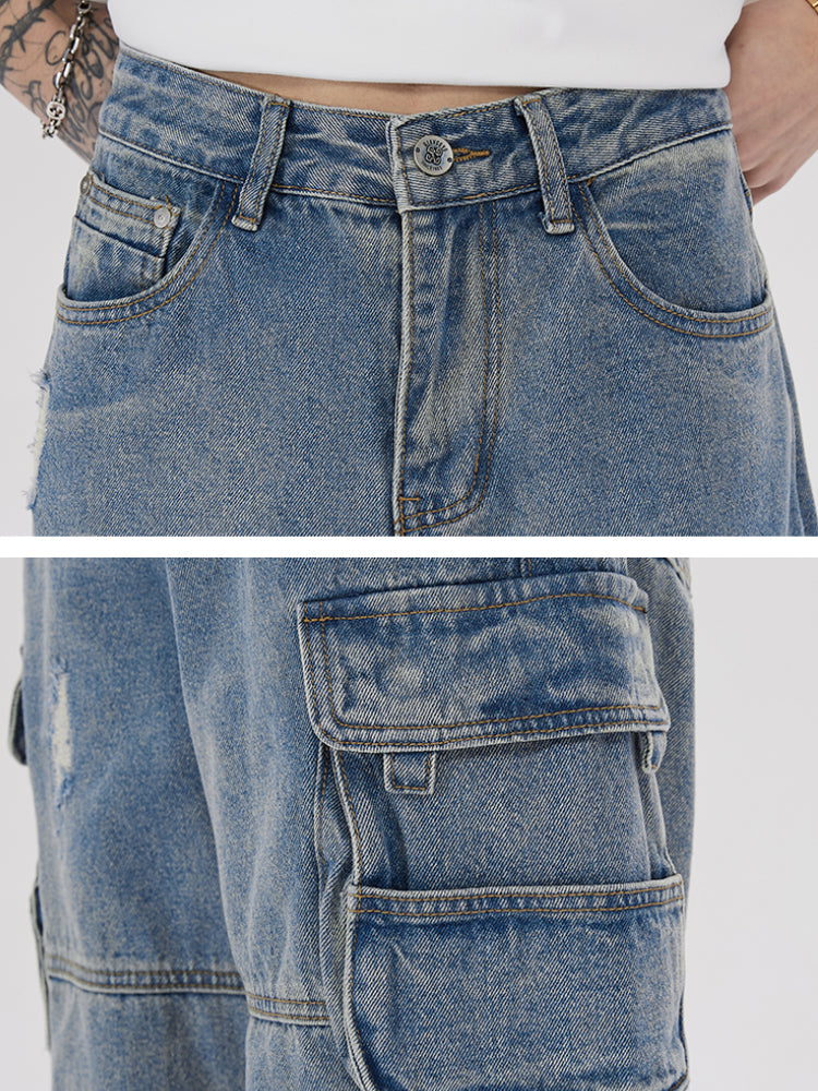 mens baggy jeans side big pocket distressed ripped denim jean straight pants high street cargo jean pants hip hop joggers jeans unique joggers style 2996