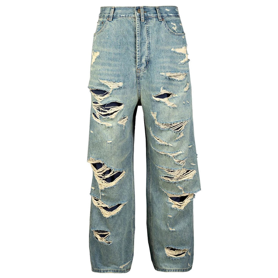 vintage men baggy jeans distressed ripped denim pants male luxury designer jeans trousers denim street jeans
