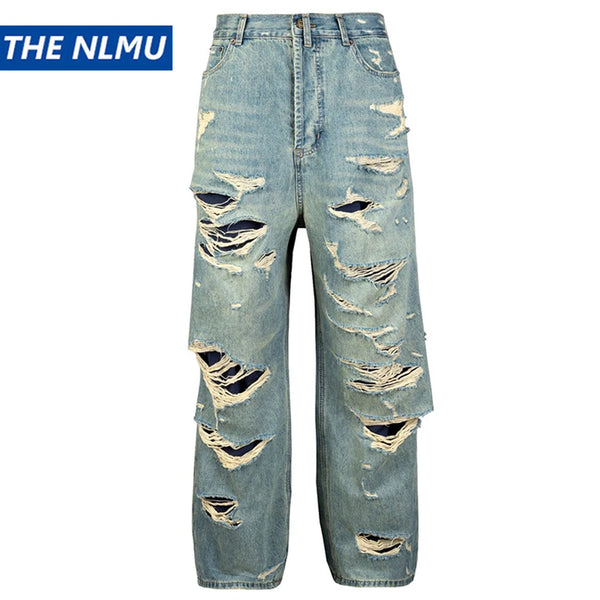 vintage men baggy jeans distressed ripped denim pants male luxury designer jeans trousers denim street jeans