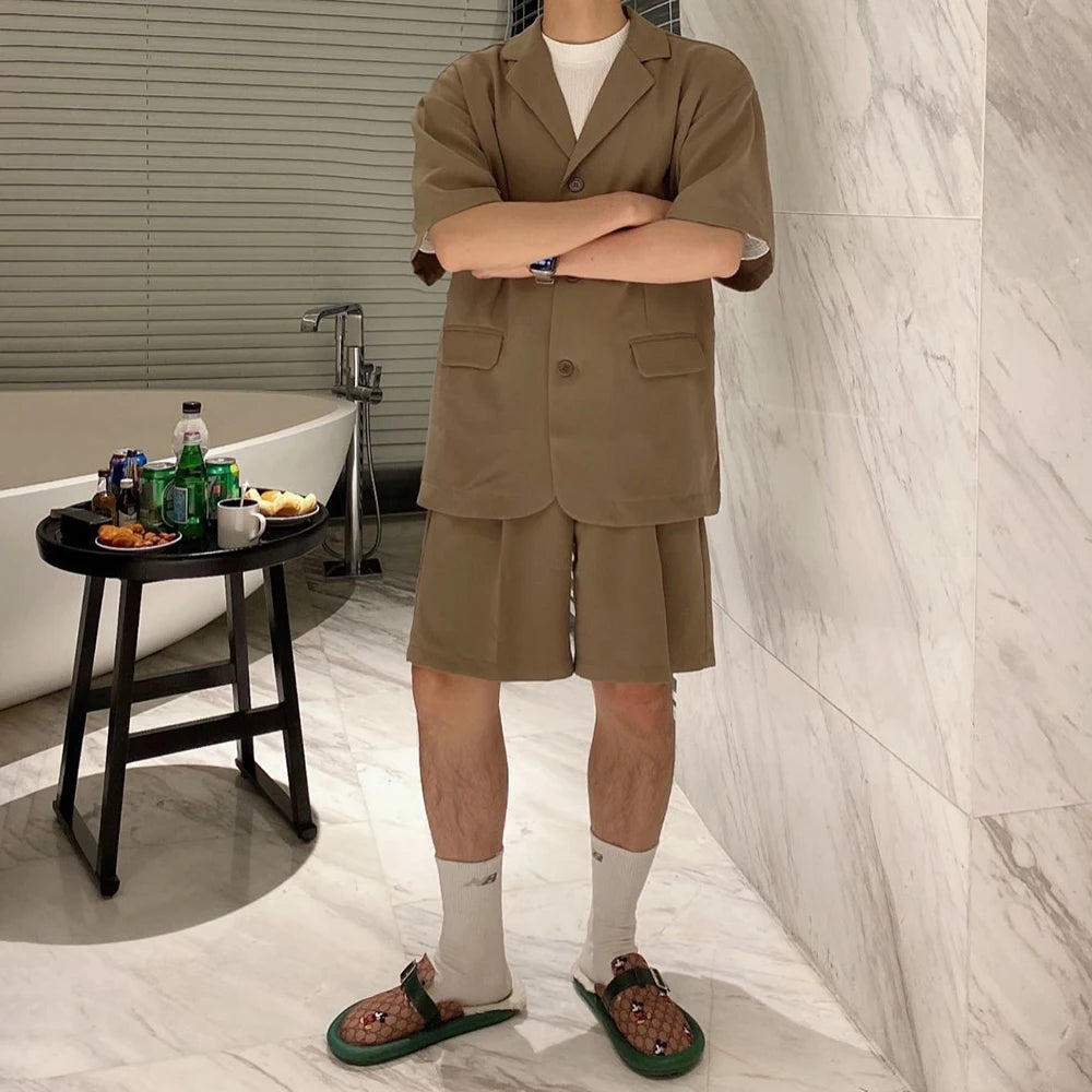 Men  Casual Suit Trendy New Neutral Solid Blazer Collar Shirts LGBT Design Short-sleeved Blouse Shorts Two-piece Set
