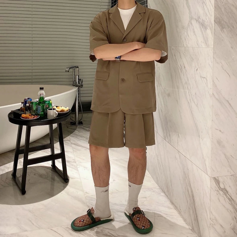 Men  Casual Suit Trendy New Neutral Solid Blazer Collar Shirts LGBT Design Short-sleeved Blouse Shorts Two-piece Set