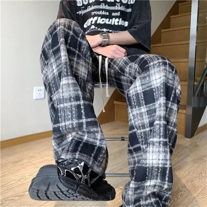new mens y2k plaid casual baggy trousers autumn korean fashion straight woolen pants y2k vintage streetwear pantalones hombre clean everyday pants