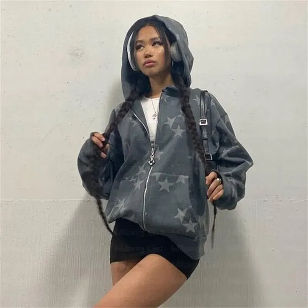 Women Long Sleeved Zip Hoodie Jacket Oversize Streetwear Vintage Fashi