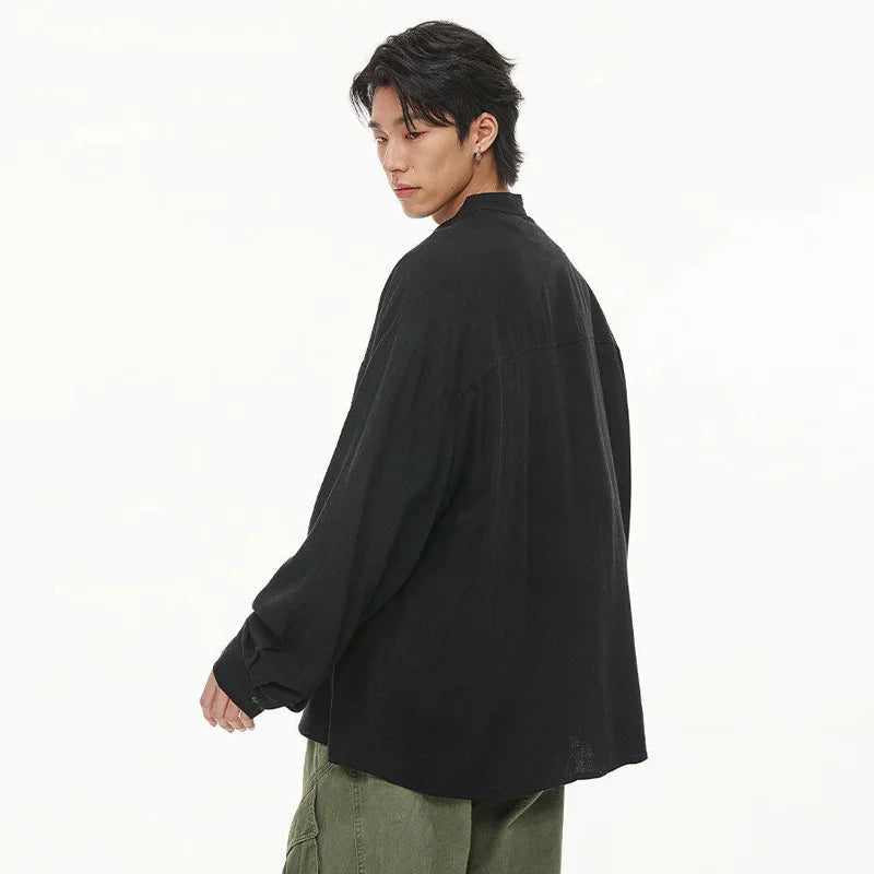 Men Loose Casual Streetwear Fashion Stand Collar Long Sleeve Black White Oversize Shirt Couple Plus Size Shirts Blouses