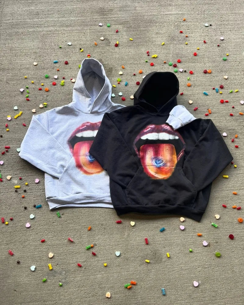 High Street Trendy Brand Big Mouth Cartoon Print Oversized Hoodie Wome