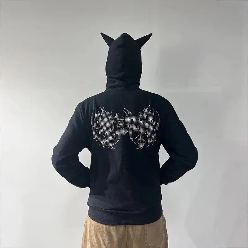 Men Y2K Rhinestones Letter Graphics Print Fashion Hoodie Zip Hoodie Cl