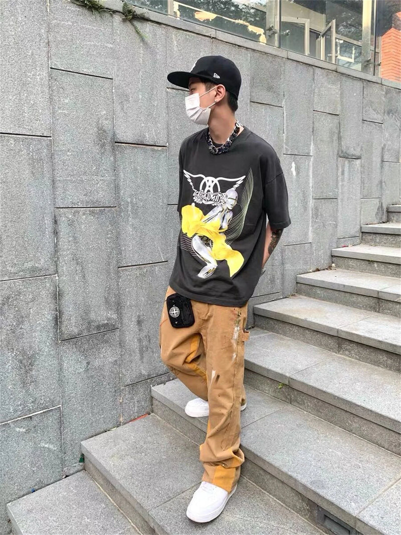 vaporwave aesthetic print tee featuring summer vintage retro style printing washed casual loose high street tops t shirt for men