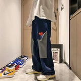 men jeans patchwork multi pocket couple denim pants beggar style cargo pants high street casual male streetwear unique cargo style 2406