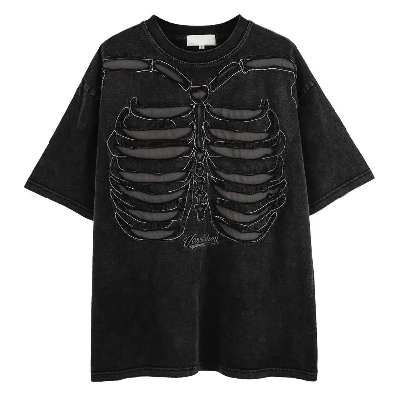 Skatercore Top – Fashion Skull Skeleton Holes Harajuku O Neck T Shirt – Urban Streetwear for Men & Women