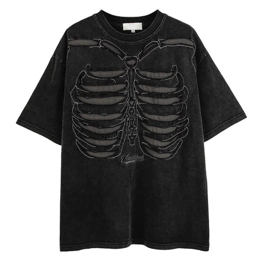 Skatercore Top – Fashion Skull Skeleton Holes Harajuku O Neck T Shirt – Urban Streetwear for Men & Women