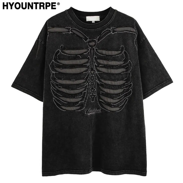 Skatercore Top – Fashion Skull Skeleton Holes Harajuku O Neck T Shirt – Urban Streetwear for Men & Women