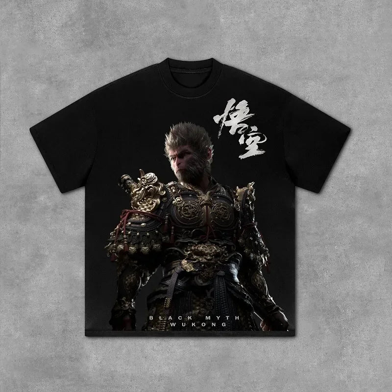 2024 American Trendy Brand Loose Casual Short-sleeved Black Myth Wukong Anime Print Oversized T-shirt Women Y2k Retro Clothing