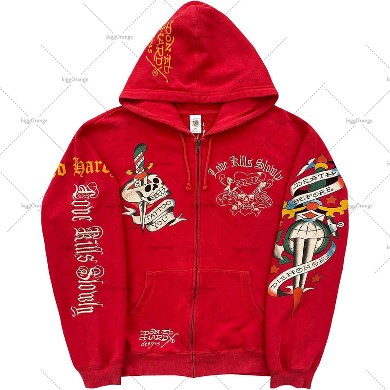 American Fashion Trend Pattern Print Zipper Hoodie Women Y2K New Stree