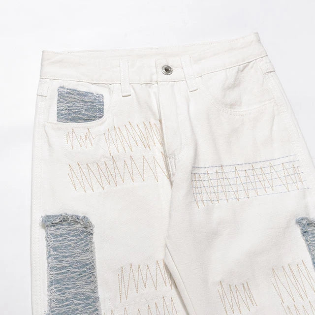 irregular sewing scratched patchwork denim jeans men casual straight biker zipper trousers streetwear hip hop jean pants joggers unique joggers style 3585