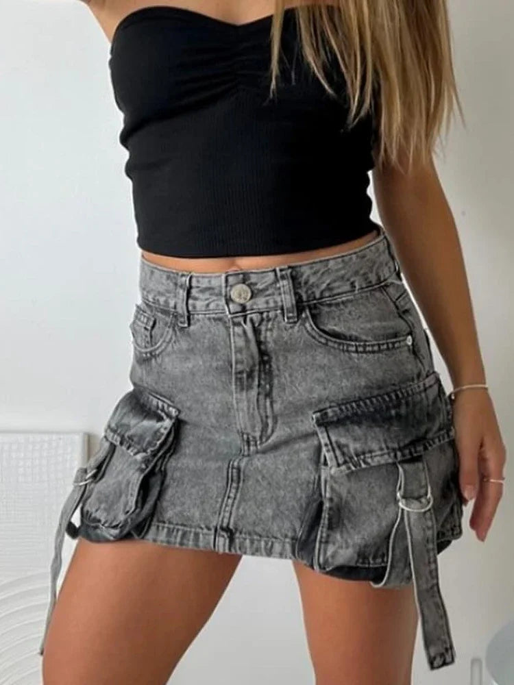 Vintage Y2K New Harajuku Multiple Pockets Denim Plaid Skirt Goth Black Mini Skir Fashion Womens Casual Versatile Sexy Streetwear
