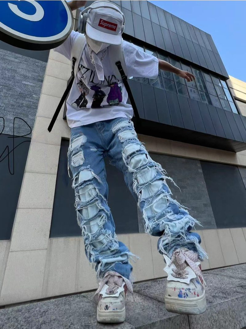 fashion destroyed ripped tassel holes denim jean pants mens casual loose straight baggy y2k jeans hip hop streetwear joggers unique joggers style 15
