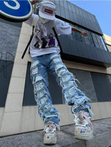 fashion destroyed ripped tassel holes denim jean pants mens casual loose straight baggy y2k jeans hip hop streetwear joggers casual joggers