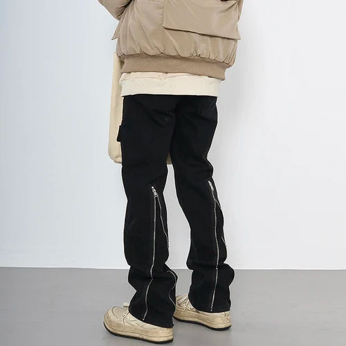 back zipper open cargo denim pants casual biker jeans fashion streetwear trousers hip hop flare pants joggers y2k men s jeans unique joggers style 3777