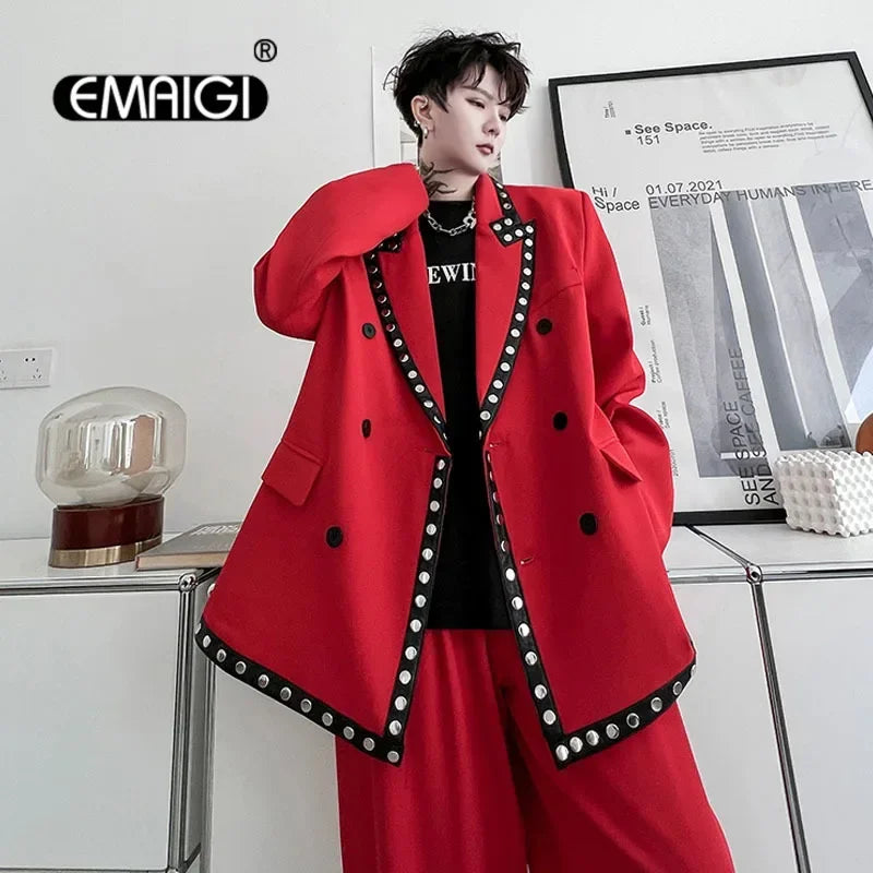 men streetwear fashion loose casual rivet hip hop party dress 2 piece suits blazers jacket pant sets stage clothing costume menswear bottoms
