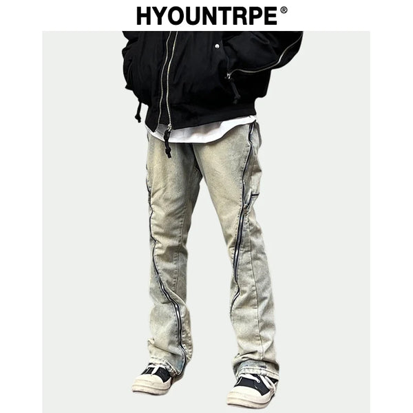retro washed denim jean pants 2023 new casual zipper open loose straight jeans hip hop y2k pants mens jeans streetwear joggers sporty tapered joggers