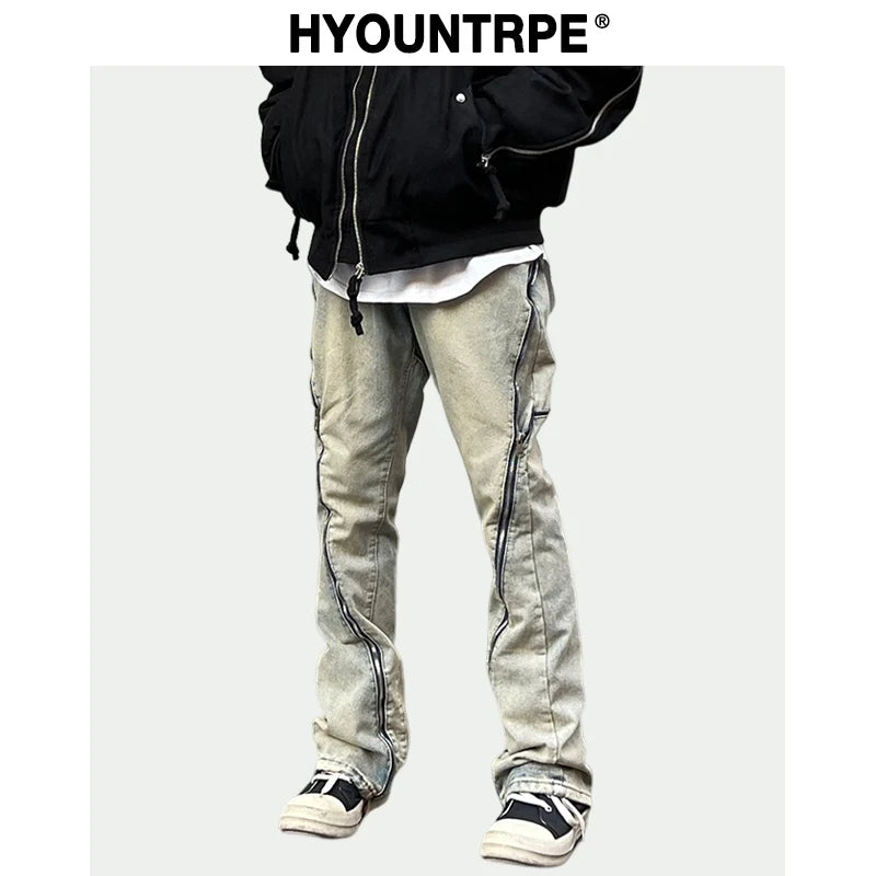 retro washed denim jean pants 2023 new casual zipper open loose straight jeans hip hop y2k pants mens jeans streetwear joggers sporty tapered joggers