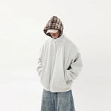 American Hoodie Mens Detachable Hat Grid Pattern Color Block Loose Fak