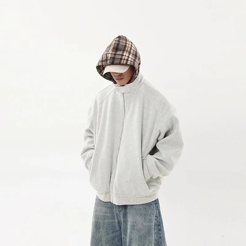 American Hoodie Mens Detachable Hat Grid Pattern Color Block Loose Fak