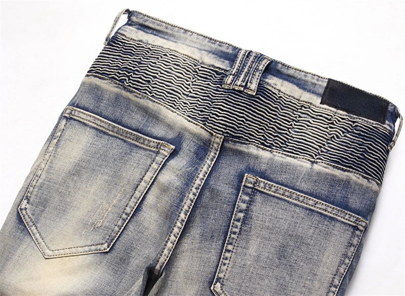 distressed washed pleated denim jean pants new fashion biker jeans streetwear casual slim pants jogger y2k mens skinny joggers unique joggers style 4150