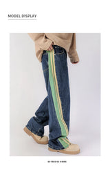 men streetwear fashion side splice hip hop loose casual wide leg straight baggy jeans pant cityboy jeans pants trousers unique jeans style 2611