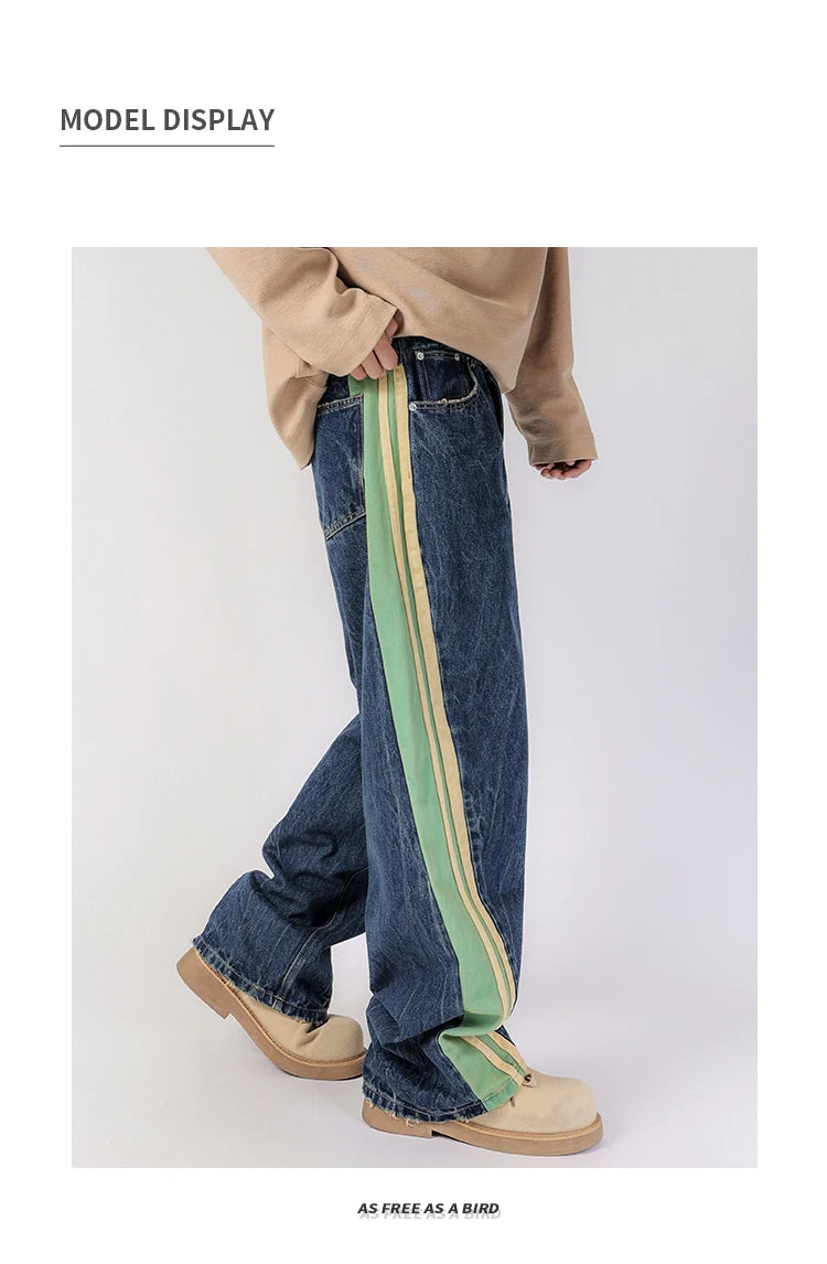 men streetwear fashion side splice hip hop loose casual wide leg straight baggy jeans pant cityboy jeans pants trousers unique jeans style 2611