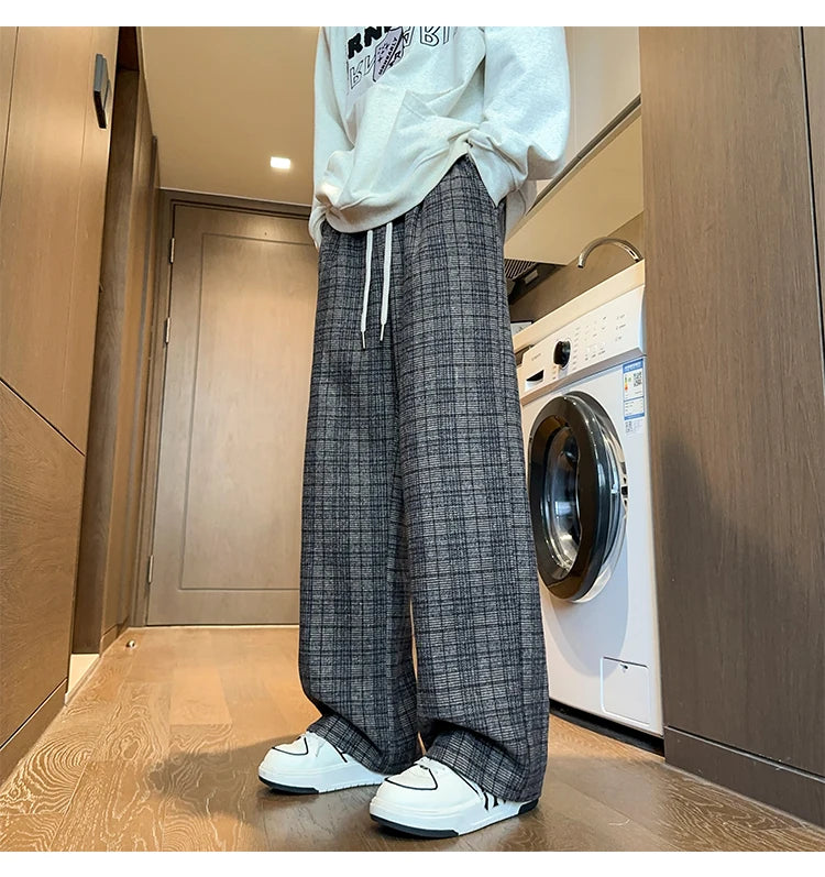 mens plaid pants baggy winter trendy fleece loose straight wide leg mopping trousers unisex thick velvet warm long pants unique default style 1124