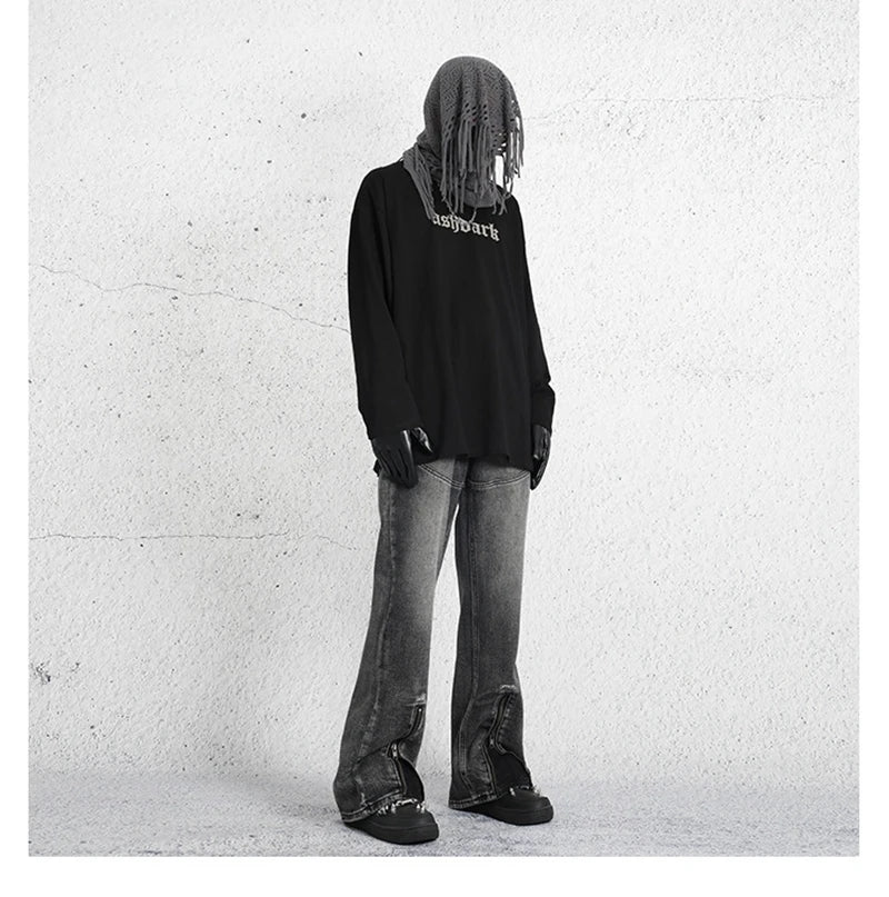 2023 dark streetwear totem embroidery vintage baggy men jeans pants feet zipper straight hip hop punk denim trousers ropa hombre unique jeans style 1765