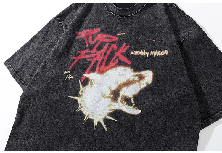 Anime Graphic tee – Mens Hip Hop T Shirts Washed Retro Animal Dog Print T Shirt