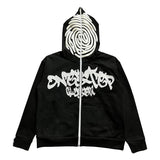 Y2K Zip Hoodie Irregular Pattern Goth Pullover Gothic Long Sleeve Over